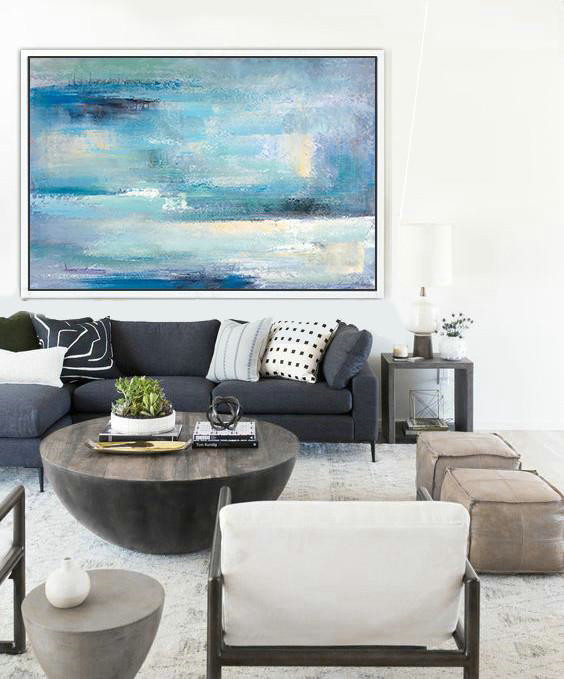 Large Abstract Painting Canvas Art,Oversized Horizontal Contemporary Art,Hand Made Original Art,Blue,Grey,Yellow,White.etc
